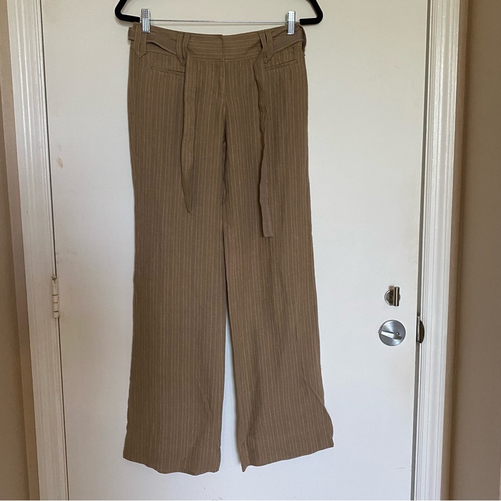 Anthropologie FEl Coral Stripe Taupe Linen Women's Tan Wide-Leg Pants Size 0